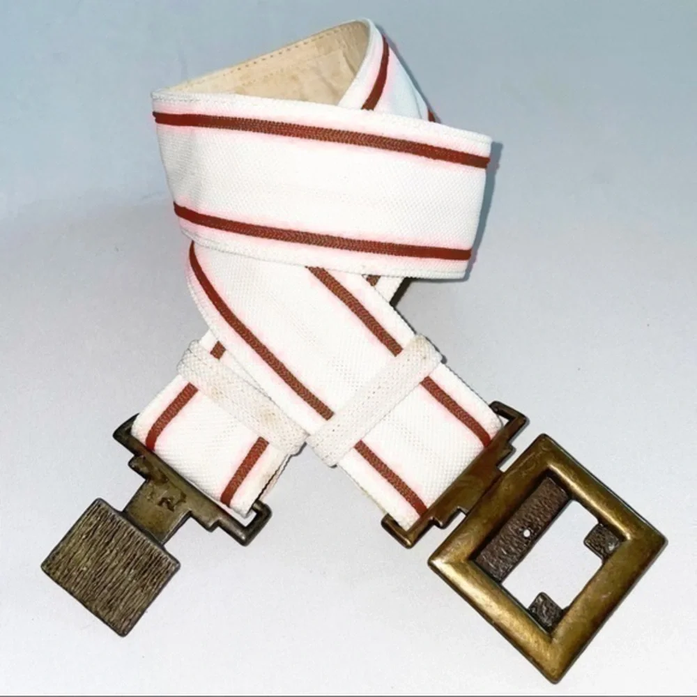 Vintage 1960’s Brass Baseball Style Red Stripe Cloth Belt